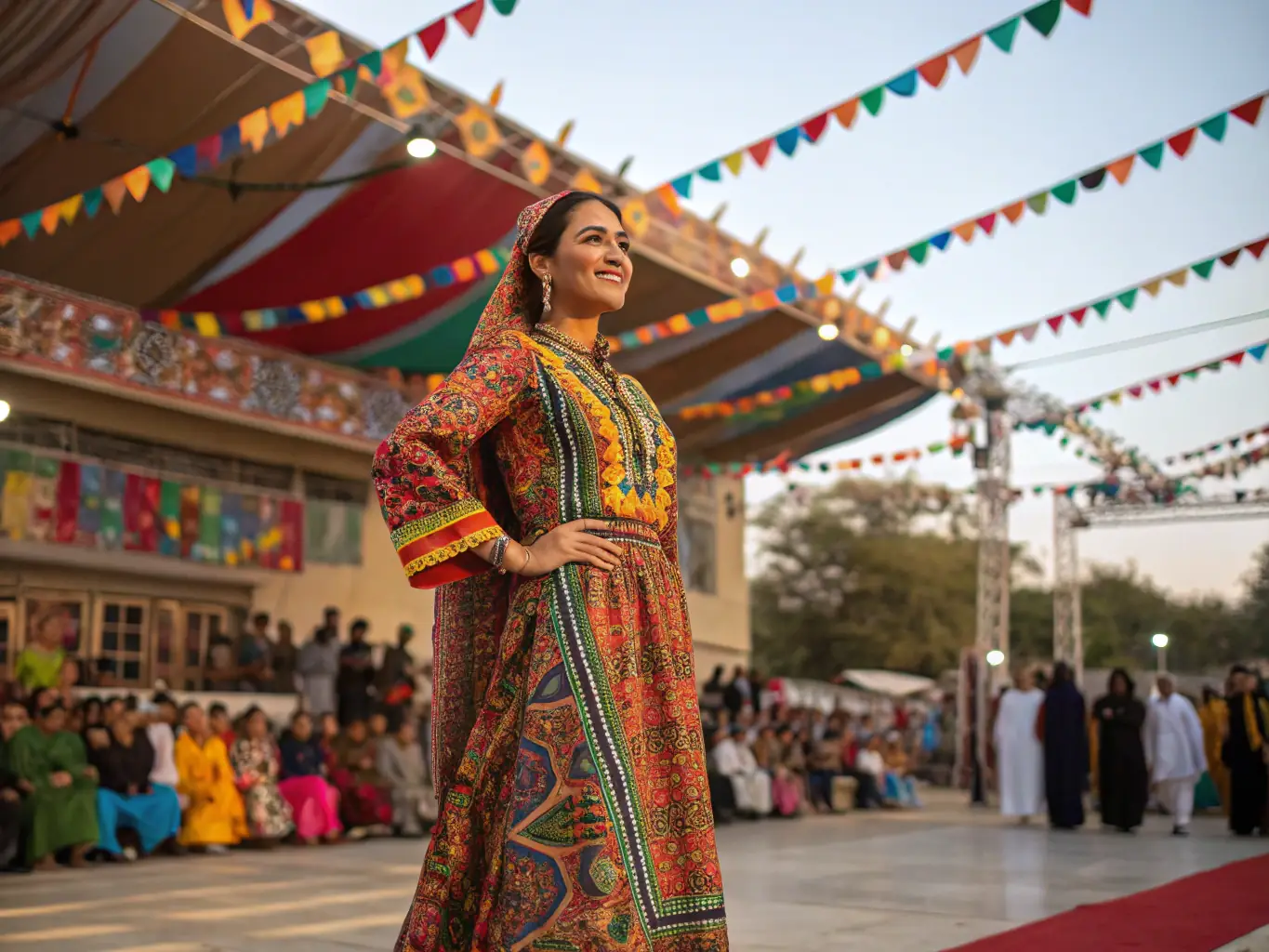 A vibrant image of Küsi's carnival-inspired jewelry, featuring colorful beads and traditional symbols, displayed on a model dressed in traditional Pasto attire.