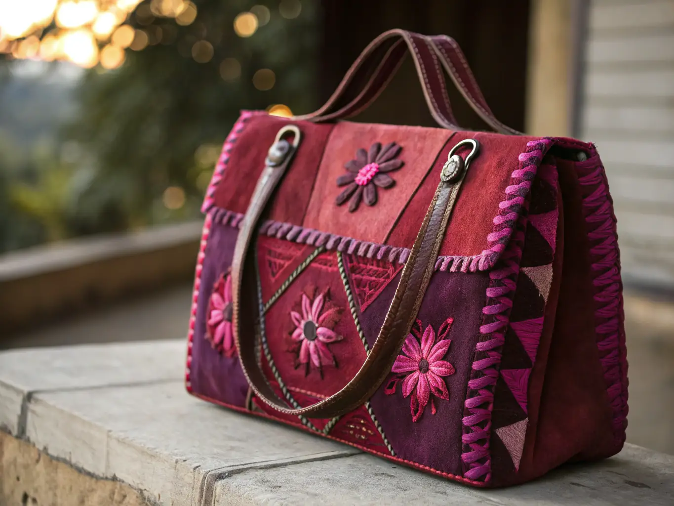 A detailed image of Küsi's hand-embroidered carnival-themed bag, showcasing the vibrant threads and traditional designs, set against a backdrop of a traditional Pasto artisan workshop.